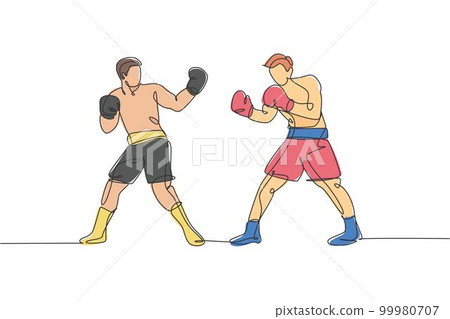 Single continuous line drawing of two young agile men boxer provoke rival at boxing match. Fair combative sport concept. Trendy one line draw design vector illustration for boxing game promotion media 99980707