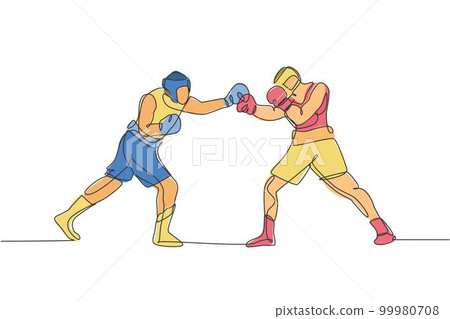 One continuous line drawing of two young sporty men boxer duel at boxing ring. Competitive combat sport concept. Dynamic single line draw design vector illustration for boxing match promotion poster 99980708