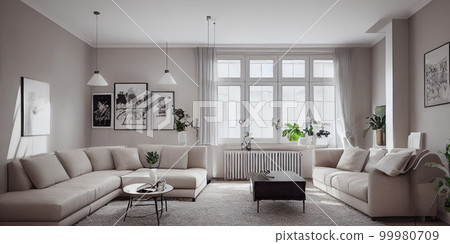 Stylish scandinavian living room with design mint sofa, furnitures, mock up poster map, plants and elegant personal accessories. Modern home decor. Bright and sunny room. Generative AI illustration. Stylish scandinavian living room with design mint sofa, furnitures, mock up poster map, plants and elegant personal accessories. Modern home decor. Bright and sunny room. Generative AI illustration. 99980709