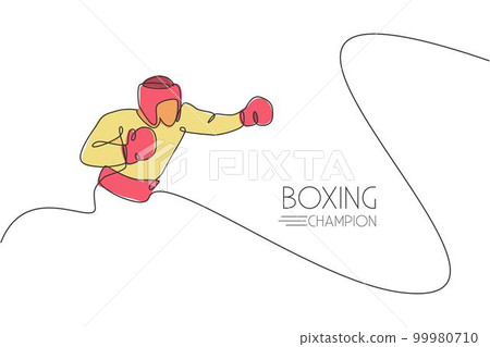 One continuous line drawing of young sporty man boxer practicing hook punch. Competitive combat sport concept. Dynamic single line draw design vector illustration for boxing match promotion poster One continuous line drawing of young sporty man boxer practicing hook punch. Competitive combat sport concept. Dynamic single line draw design vector illustration for boxing match promotion poster 99980710