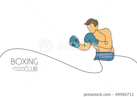 Single continuous line drawing of young agile man boxer focus for sparring with partner. Fair combative sport concept. Trendy one line draw design vector illustration for boxing game promotion media 99980711