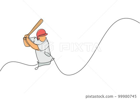Single continuous line drawing of young agile man baseball player focus practice to hit the ball. Sport exercise concept. Trendy one line draw design vector illustration for baseball promotion media Single continuous line drawing of young agile man baseball player focus practice to hit the ball. Sport exercise concept. Trendy one line draw design vector illustration for baseball promotion media 99980745