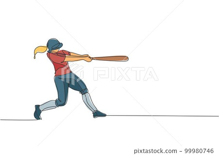 One continuous line drawing of young sporty woman baseball player practice to hit the ball. Competitive sport concept. Dynamic single line draw design vector graphic illustration for promotion poster One continuous line drawing of young sporty woman baseball player practice to hit the ball. Competitive sport concept. Dynamic single line draw design vector graphic illustration for promotion poster 99980746
