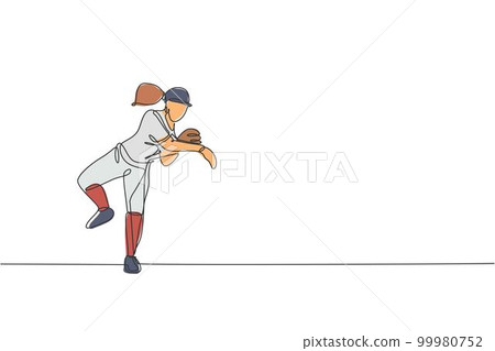 One single line drawing of young energetic woman baseball player practice throw the ball vector illustration. Sport training concept. Modern continuous line draw design for baseball tournament banner 99980752