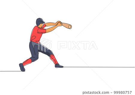 One single line drawing of young energetic man baseball player practice to hit the ball vector illustration. Sport training concept. Modern continuous line draw design for baseball tournament banner 99980757