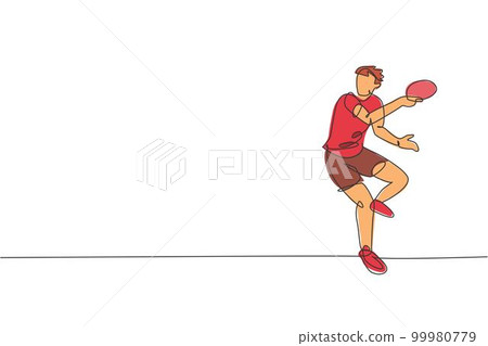 One continuous line drawing of young sporty man table tennis player pose defensive to hit ball. Competitive sport concept. Single line draw design vector illustration for ping pong championship poster 99980779