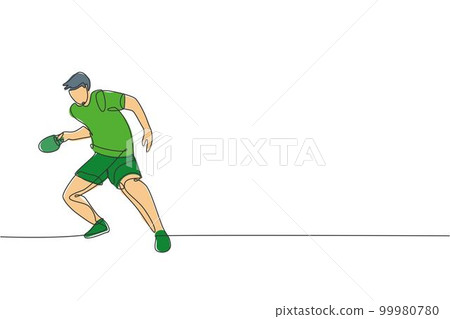 Single continuous line drawing of young agile man table tennis player hold rival attack. Sport exercise concept. Trendy one line draw design vector illustration for ping pong match promotion media 99980780