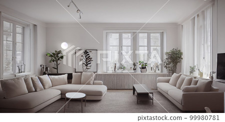Stylish scandinavian living room with design mint sofa, furnitures, mock up poster map, plants and elegant personal accessories. Modern home decor. Bright and sunny room. Generative AI illustration. Stylish scandinavian living room with design mint sofa, furnitures, mock up poster map, plants and elegant personal accessories. Modern home decor. Bright and sunny room. Generative AI illustration. 99980781