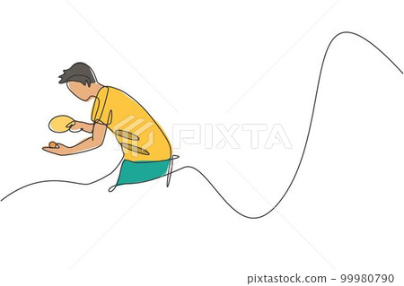 Single continuous line drawing of young agile man table tennis player focus to serve. Sport exercise concept. Trendy one line draw design vector illustration for ping pong tournament promotion media 99980790