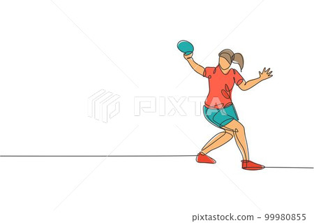 One continuous line drawing of young sporty woman table tennis player hit the ball. Competitive sport concept. Single line draw design graphic vector illustration for ping pong championship poster 99980855