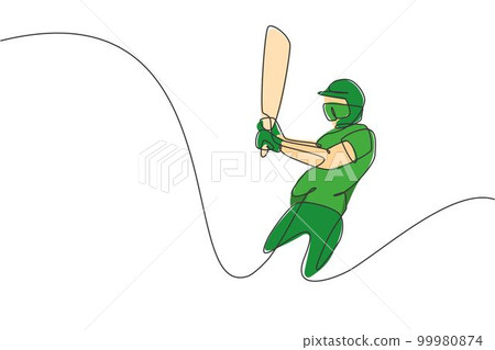 Single continuous line drawing of young agile man cricket player swing cricket bat at training ground vector illustration. Sport exercise concept. Trendy one line draw design for sport promotion media 99980874