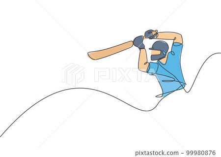 One single line drawing young energetic man cricket player hit the ball homerun at stadium graphic vector illustration. Sport concept. Modern continuous line draw design for cricket competition banner One single line drawing young energetic man cricket player hit the ball homerun at stadium graphic vector illustration. Sport concept. Modern continuous line draw design for cricket competition banner 99980876