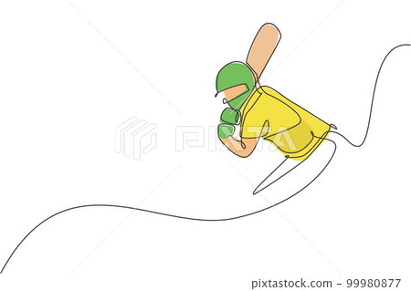 One continuous line drawing of young healthy man cricket player stance at field stadium vector illustration. Competitive sport concept. Dynamic single line draw design for cricket advertisement poster 99980877