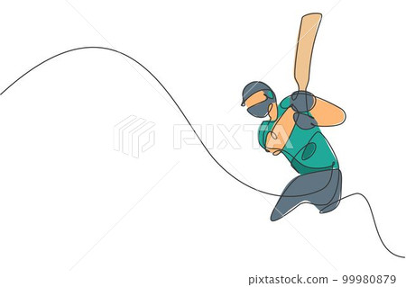 One continuous line drawing of young happy man cricket player hit the ball at competition vector illustration. Competitive sport concept. Dynamic single line draw design for sport advertisement poster 99980879