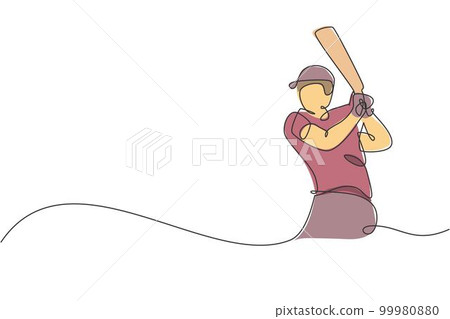 Single continuous line drawing of young agile man cricket player practicing hit the ball at field vector illustration. Sport exercise concept. Trendy one line draw design for cricket promotion media Single continuous line drawing of young agile man cricket player practicing hit the ball at field vector illustration. Sport exercise concept. Trendy one line draw design for cricket promotion media 99980880