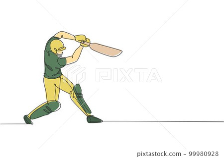 One continuous line drawing of young happy woman cricket player focus standing to hit the ball vector illustration. Competitive sport concept. Dynamic single line draw design for advertisement poster One continuous line drawing of young happy woman cricket player focus standing to hit the ball vector illustration. Competitive sport concept. Dynamic single line draw design for advertisement poster 99980928