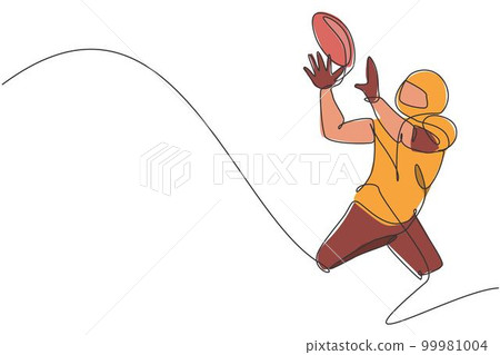 Single continuous line drawing of young agile man american football player exercising to catch the ball for competition media. Sport exercise concept. Trendy one line draw design vector illustration Single continuous line drawing of young agile man american football player exercising to catch the ball for competition media. Sport exercise concept. Trendy one line draw design vector illustration 99981004