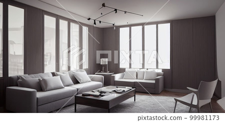 Stylish scandinavian living room with design mint sofa, furnitures, mock up poster map, plants and elegant personal accessories. Modern home decor. Bright and sunny room. Generative AI illustration. 99981173