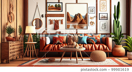 Stylish scandinavian living room with design mint sofa, furnitures, mock up poster map, plants and elegant personal accessories. Modern home decor. Bright and sunny room. Generative AI illustration. Stylish scandinavian living room with design mint sofa, furnitures, mock up poster map, plants and elegant personal accessories. Modern home decor. Bright and sunny room. Generative AI illustration. 99981619
