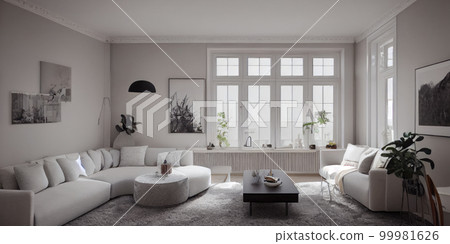 Stylish scandinavian living room with design mint sofa, furnitures, mock up poster map, plants and elegant personal accessories. Modern home decor. Bright and sunny room. Generative AI illustration. Stylish scandinavian living room with design mint sofa, furnitures, mock up poster map, plants and elegant personal accessories. Modern home decor. Bright and sunny room. Generative AI illustration. 99981626