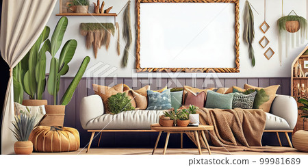 Stylish scandinavian living room with design mint sofa, furnitures, mock up poster map, plants and elegant personal accessories. Modern home decor. Bright and sunny room. Generative AI illustration. 99981689