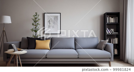 Stylish scandinavian living room with design mint sofa, furnitures, mock up poster map, plants and elegant personal accessories. Modern home decor. Bright and sunny room. Generative AI illustration. 99981824