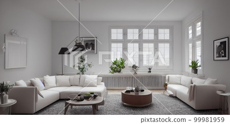 Stylish scandinavian living room with design mint sofa, furnitures, mock up poster map, plants and elegant personal accessories. Modern home decor. Bright and sunny room. Generative AI illustration. 99981959