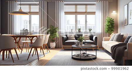Stylish scandinavian living room with design mint sofa, furnitures, mock up poster map, plants and elegant personal accessories. Modern home decor. Bright and sunny room. Generative AI illustration. 99981962