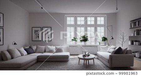 Stylish scandinavian living room with design mint sofa, furnitures, mock up poster map, plants and elegant personal accessories. Modern home decor. Bright and sunny room. Generative AI illustration. 99981963