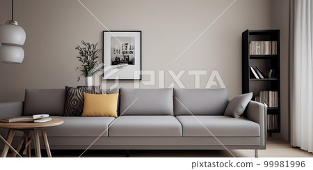 Stylish scandinavian living room with design mint sofa, furnitures, mock up poster map, plants and elegant personal accessories. Modern home decor. Bright and sunny room. Generative AI illustration. 99981996