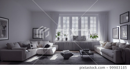 Stylish scandinavian living room with design mint sofa, furnitures, mock up poster map, plants and elegant personal accessories. Modern home decor. Bright and sunny room. Generative AI illustration. 99983185
