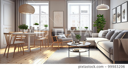 Stylish scandinavian living room with design mint sofa, furnitures, mock up poster map, plants and elegant personal accessories. Modern home decor. Bright and sunny room. Generative AI illustration. Stylish scandinavian living room with design mint sofa, furnitures, mock up poster map, plants and elegant personal accessories. Modern home decor. Bright and sunny room. Generative AI illustration. 99983206