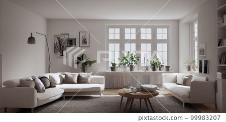 Stylish scandinavian living room with design mint sofa, furnitures, mock up poster map, plants and elegant personal accessories. Modern home decor. Bright and sunny room. Generative AI illustration. 99983207