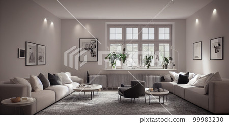 Stylish scandinavian living room with design mint sofa, furnitures, mock up poster map, plants and elegant personal accessories. Modern home decor. Bright and sunny room. Generative AI illustration. 99983230