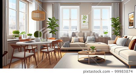 Stylish scandinavian living room with design mint sofa, furnitures, mock up poster map, plants and elegant personal accessories. Modern home decor. Bright and sunny room. Generative AI illustration. 99983874