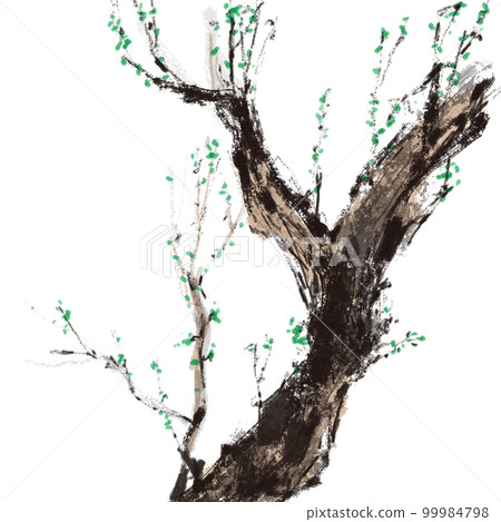 發芽枯樹樹東方畫山水畫插畫水彩 99984798