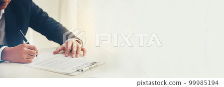 Banner Asian business man using pen signing on new contract start project in conference room. panorama manager businessman hands sign contract on meeting. Business agreement concepts with copy space 99985194