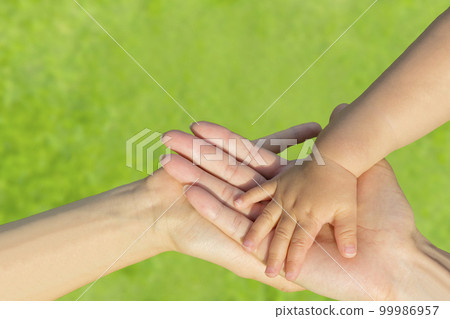 A close-up of a young child and his parents' palms on the grass. image of family and love A close-up of a young child and his parents' palms on the grass. image of family and love 99986957