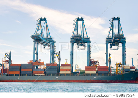 Cargo ship loading cargo container with crane at port. 99987554