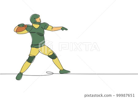 Single continuous line drawing of young agile american football player pass throw the ball to his team for competition media. Sport exercise concept. Trendy one line draw design vector illustration 99987651