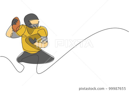 One continuous line drawing of young attractive american football player ready to pass the ball for competition poster. Sport teamwork concept. Dynamic single line draw design vector illustration One continuous line drawing of young attractive american football player ready to pass the ball for competition poster. Sport teamwork concept. Dynamic single line draw design vector illustration 99987655