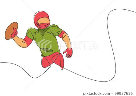 Single continuous line drawing of young agile american football player ready to pass the ball to teammate for competition media. Sport exercise concept. Trendy one line draw design vector illustration 99987656