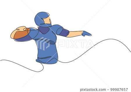 One continuous line drawing young powerful american football player posing to pass the ball for competition poster. Sport teamwork concept. Dynamic single line draw design graphic vector illustration 99987657