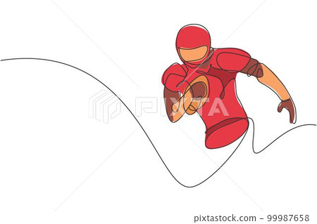 One single line drawing of young energetic man american football player running hold the ball to reach score line. Sport competition concept. Modern continuous line draw design vector illustration One single line drawing of young energetic man american football player running hold the ball to reach score line. Sport competition concept. Modern continuous line draw design vector illustration 99987658
