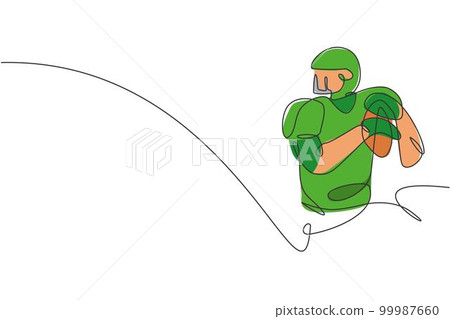 One single line drawing young energetic man american football player ready to pass the ball for his teammates. Sport competition concept. Modern continuous line draw design graphic vector illustration 99987660