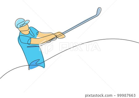 Single continuous line drawing of young happy golf player swing the golf club to hit the ball. Hobby sport concept. Trendy one line draw design vector illustration for golf tournament promotion media Single continuous line drawing of young happy golf player swing the golf club to hit the ball. Hobby sport concept. Trendy one line draw design vector illustration for golf tournament promotion media 99987663