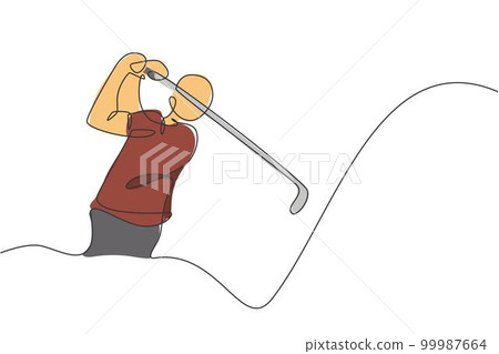 One continuous line drawing of young golf player swing golf club and hit the ball. Leisure sport concept. Dynamic single line draw design graphic vector illustration for tournament promotion media One continuous line drawing of young golf player swing golf club and hit the ball. Leisure sport concept. Dynamic single line draw design graphic vector illustration for tournament promotion media 99987664