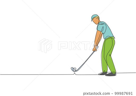 Single continuous line drawing of young happy golf player swing the golf club to hit the ball. Hobby sport concept. Trendy one line draw design vector illustration for golf tournament promotion media Single continuous line drawing of young happy golf player swing the golf club to hit the ball. Hobby sport concept. Trendy one line draw design vector illustration for golf tournament promotion media 99987691