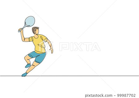 Single continuous line drawing of young agile man tennis player wait to hit opponent ball. Sport exercise concept. Trendy one line draw design vector illustration for tennis tournament promotion media 99987702
