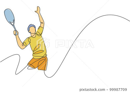 One continuous line drawing of young happy male tennis player serving the ball. Competitive sport concept. Dynamic single line draw design vector graphic illustration for tournament promotion poster 99987709